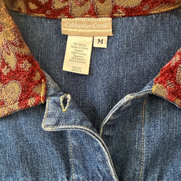Coldwater Creek Blue Denim Jacket with Red & Gold Tapestry Collar - Picture 2 of 4